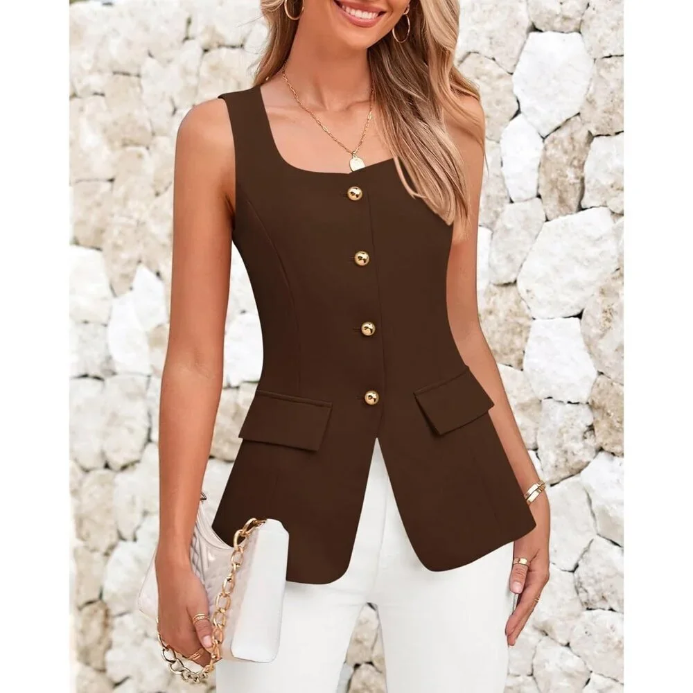 Women's Coffee Sleeveless Suit Vests Dressy Casual Square Neck Business Work